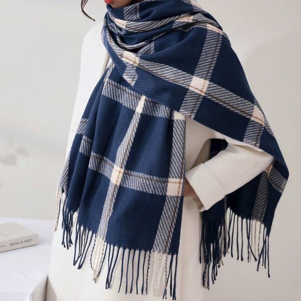 Cozy cashmere feel plaid fringe scarf